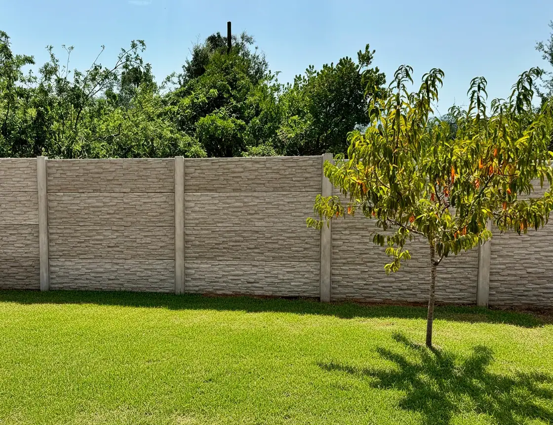 Precast concrete wall with stone texture in a yard with fruit trees