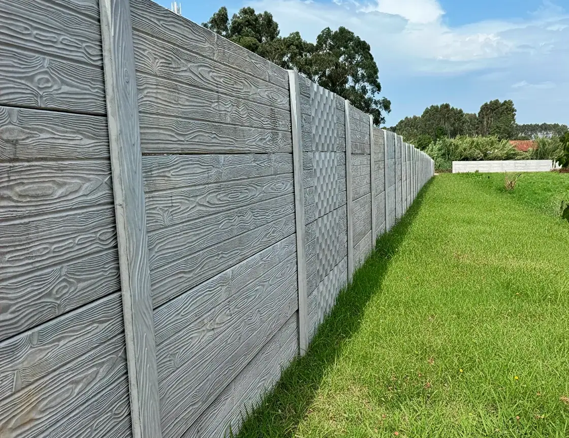 Precast concrete wall in grey concrete with wood texture along the boundary of a plot