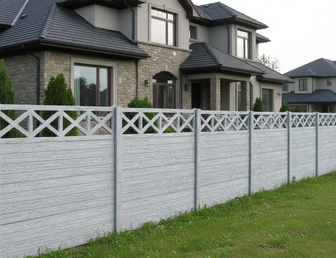 Concrete wall with an openwork X-grille top over a plain body