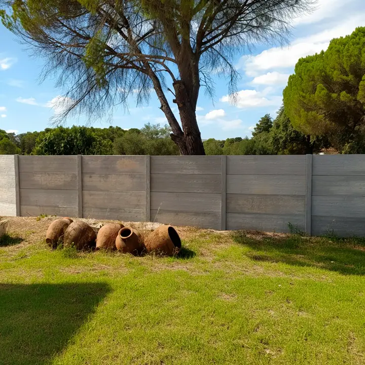 Modular wall in grey Classic Wood along a garden, seen from a distance