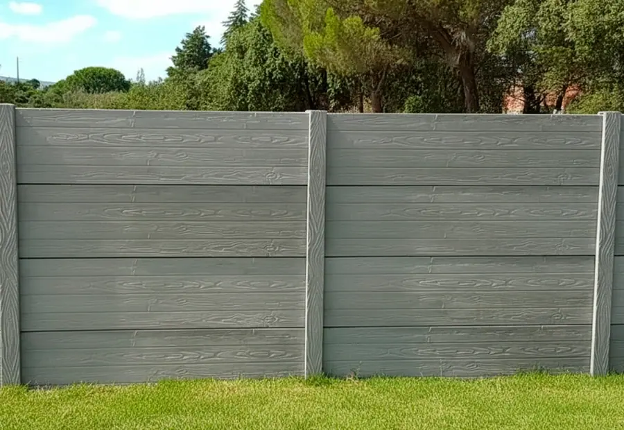 Modular wall in grey concrete with wood texture, two sections, in a garden